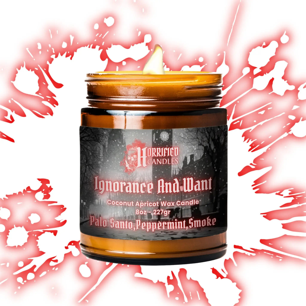 Candle jar with a label on a red and white abstract background