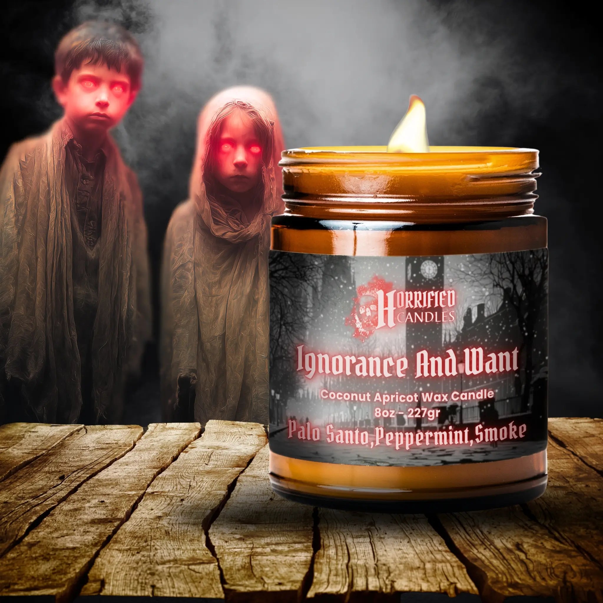 Candle with a label on a wooden surface, with ghostly figures in the background