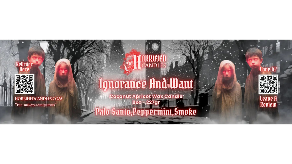 Product advertisement with horror-themed design featuring text and QR codes.