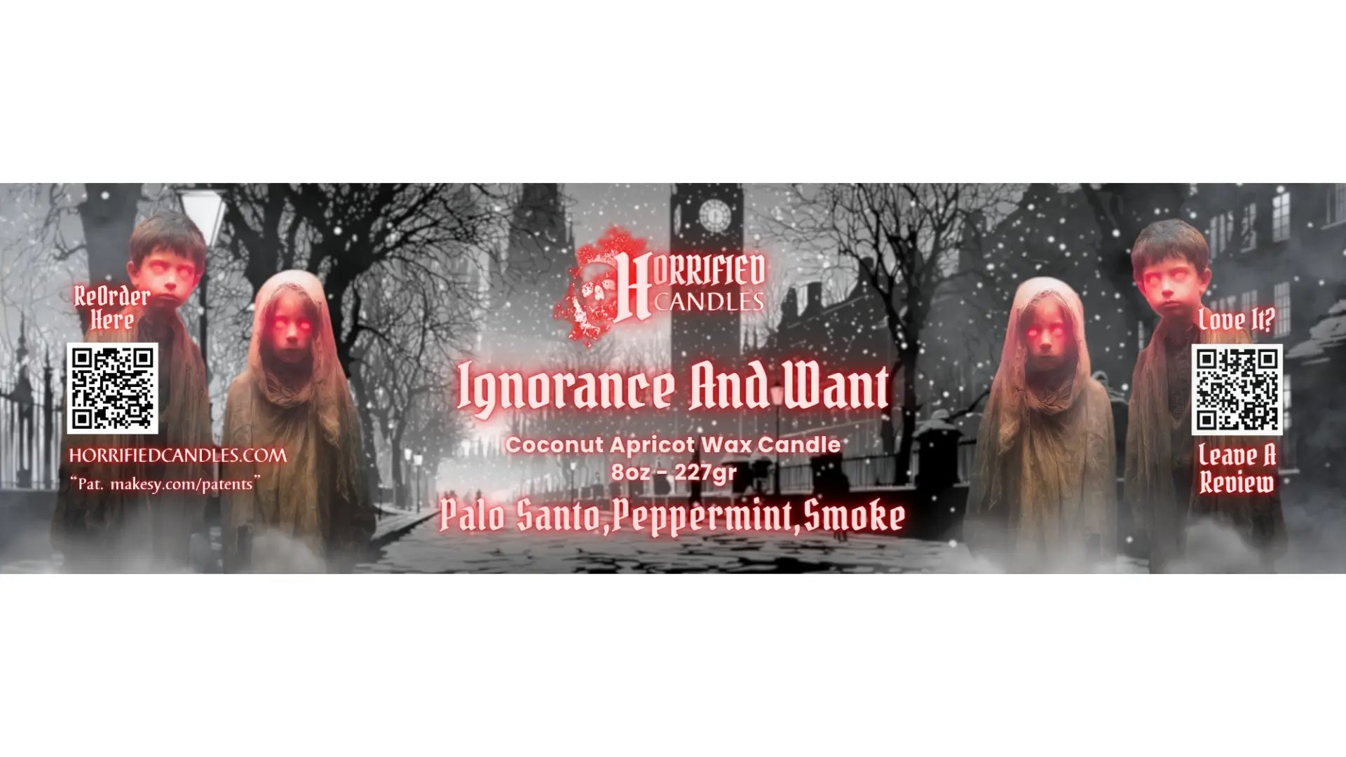 Product advertisement with horror-themed design featuring text and QR codes.