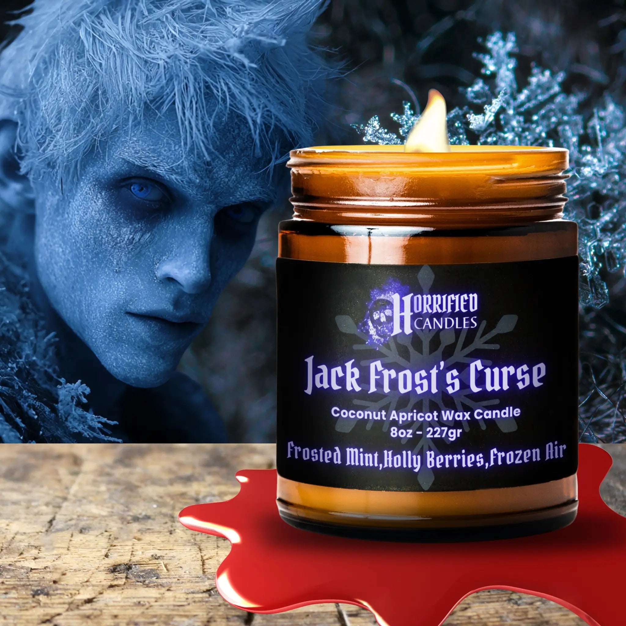 Candle labeled 'Jack Frost's Curse' with a character in blue tones in the background