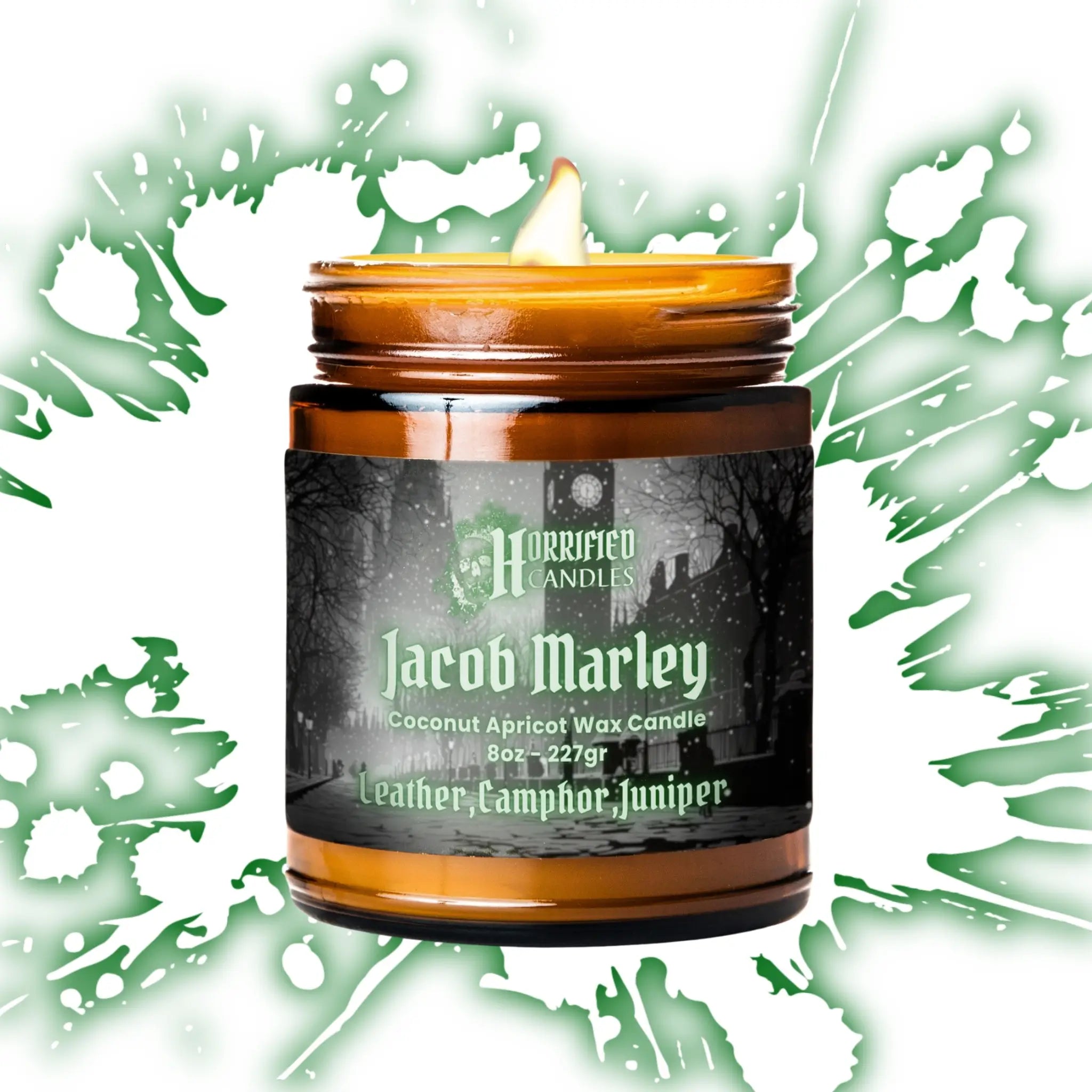 Candle in a jar labeled 'Jacob Marley' with a decorative green background
