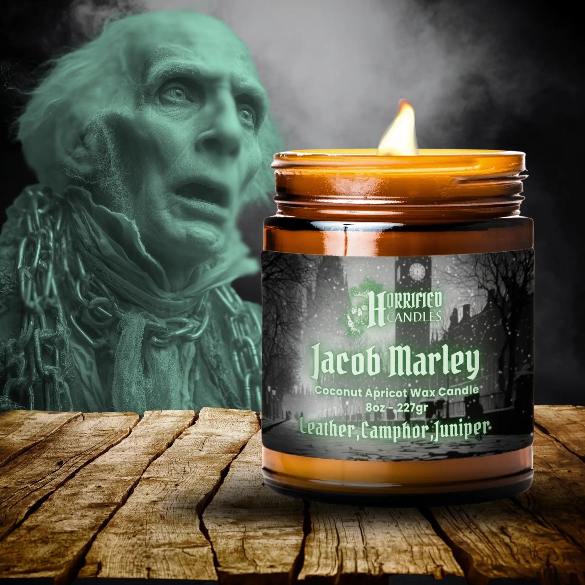 Candle labeled 'Jacob Marley' with a ghostly figure in the background