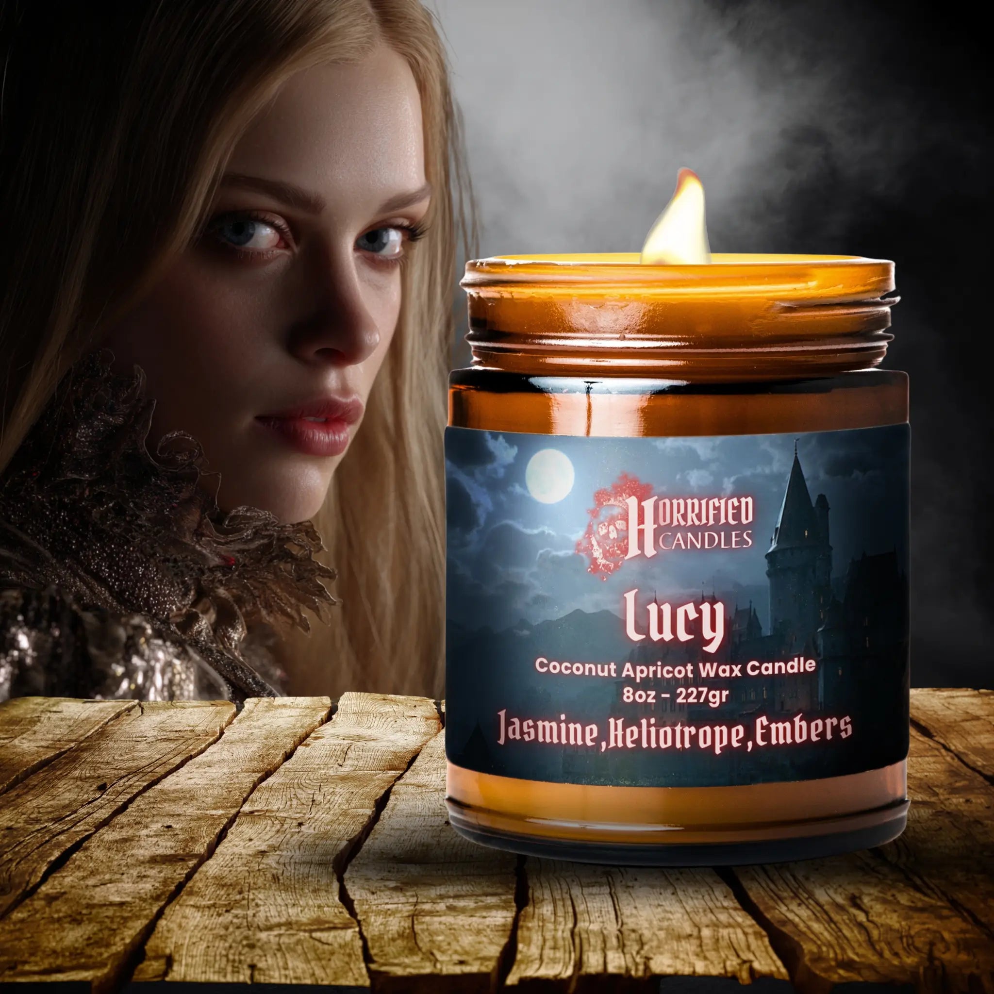 Candle labeled 'Lucy' on a wooden surface with a dark background