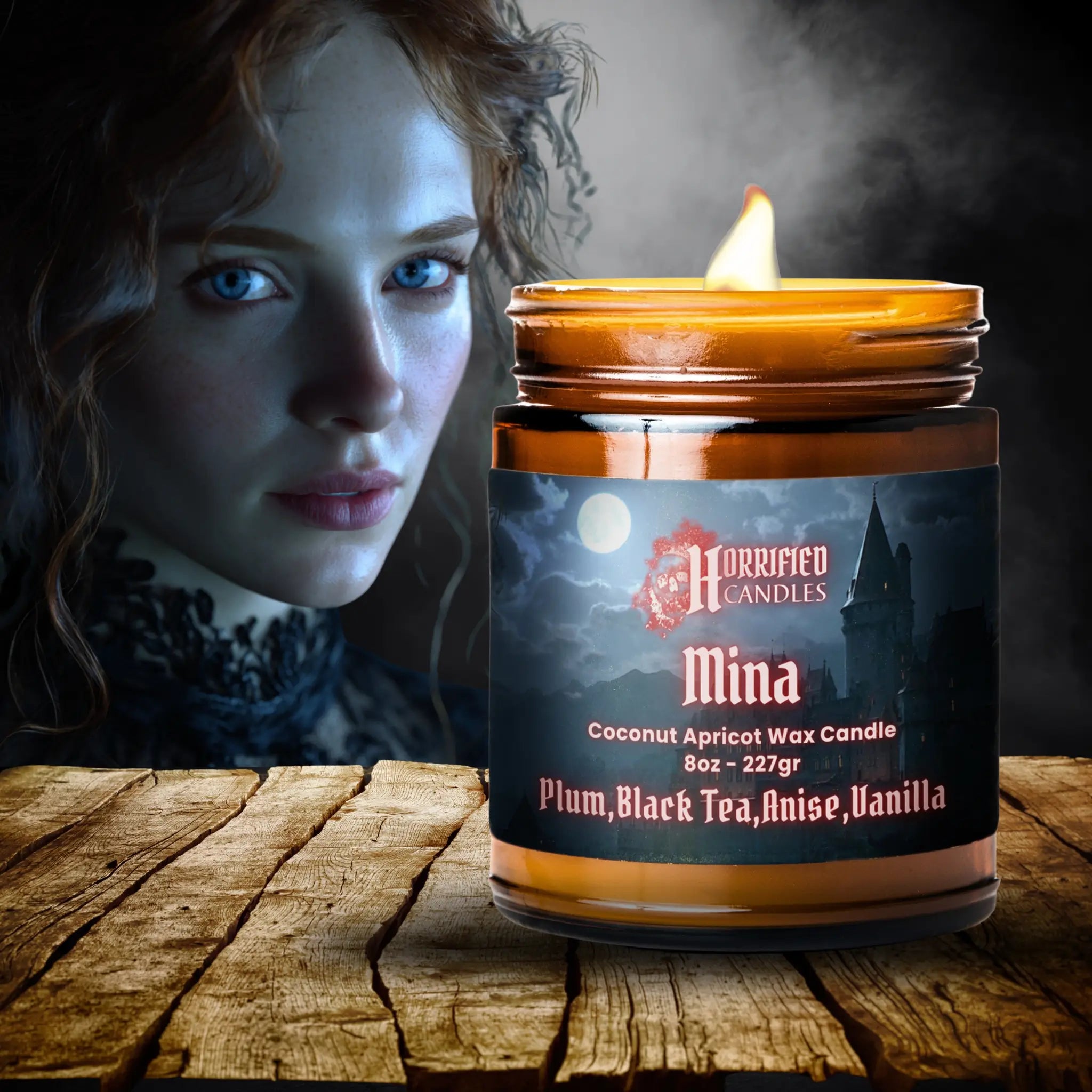 Candle labeled 'Mina' with a person in the background