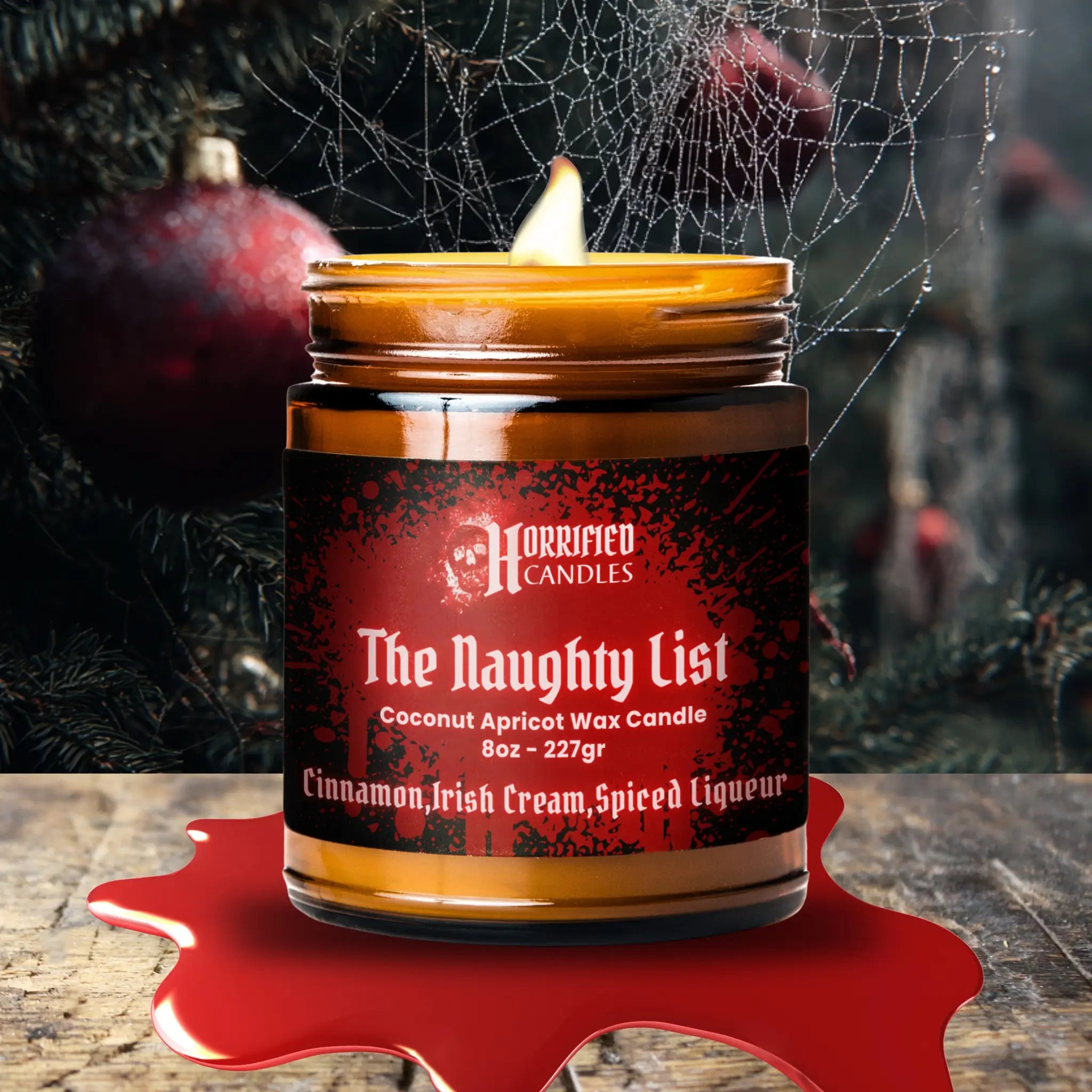 Candle in a jar with a red label on a dark background