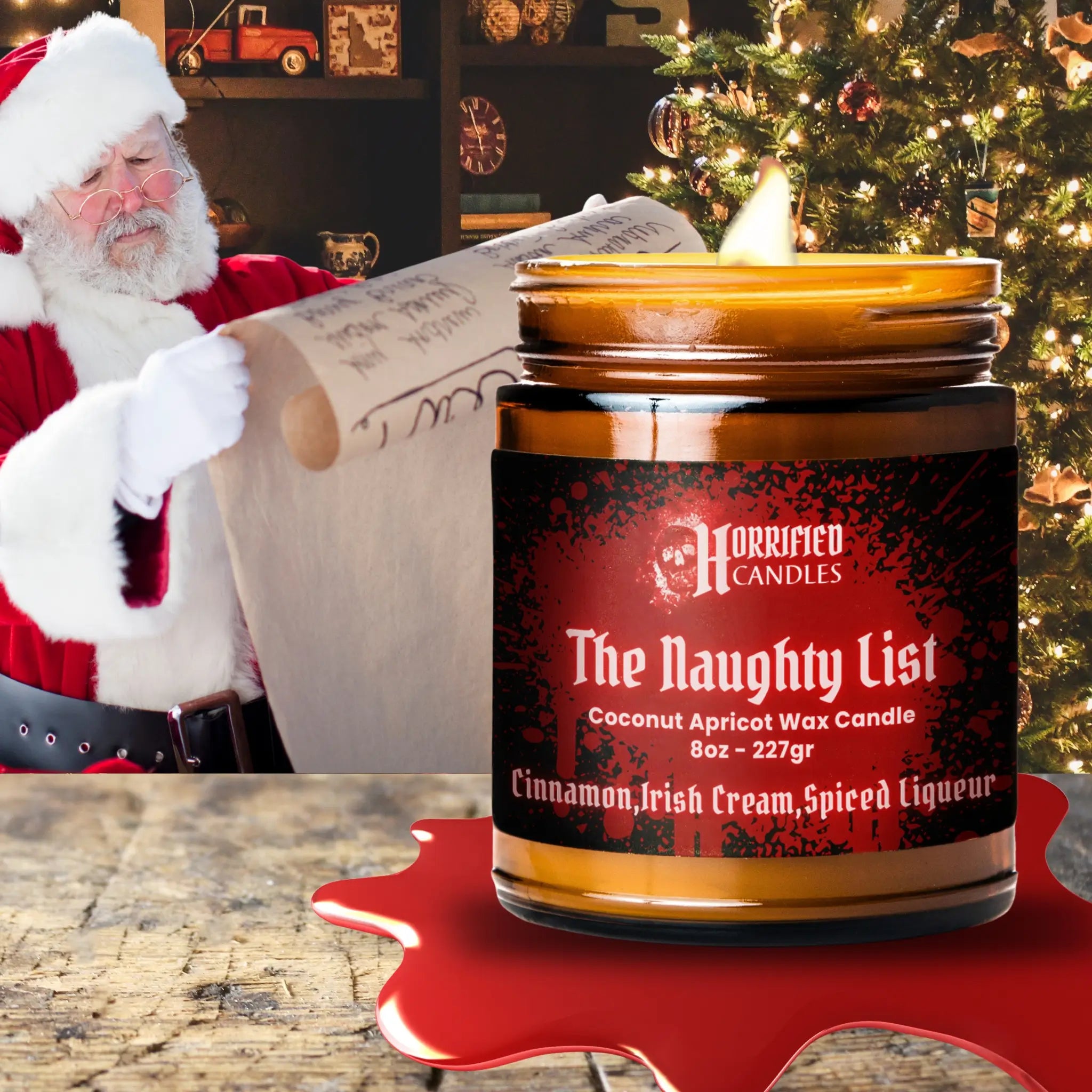 Candle labeled 'The Naughty List' with Santa Claus in the background