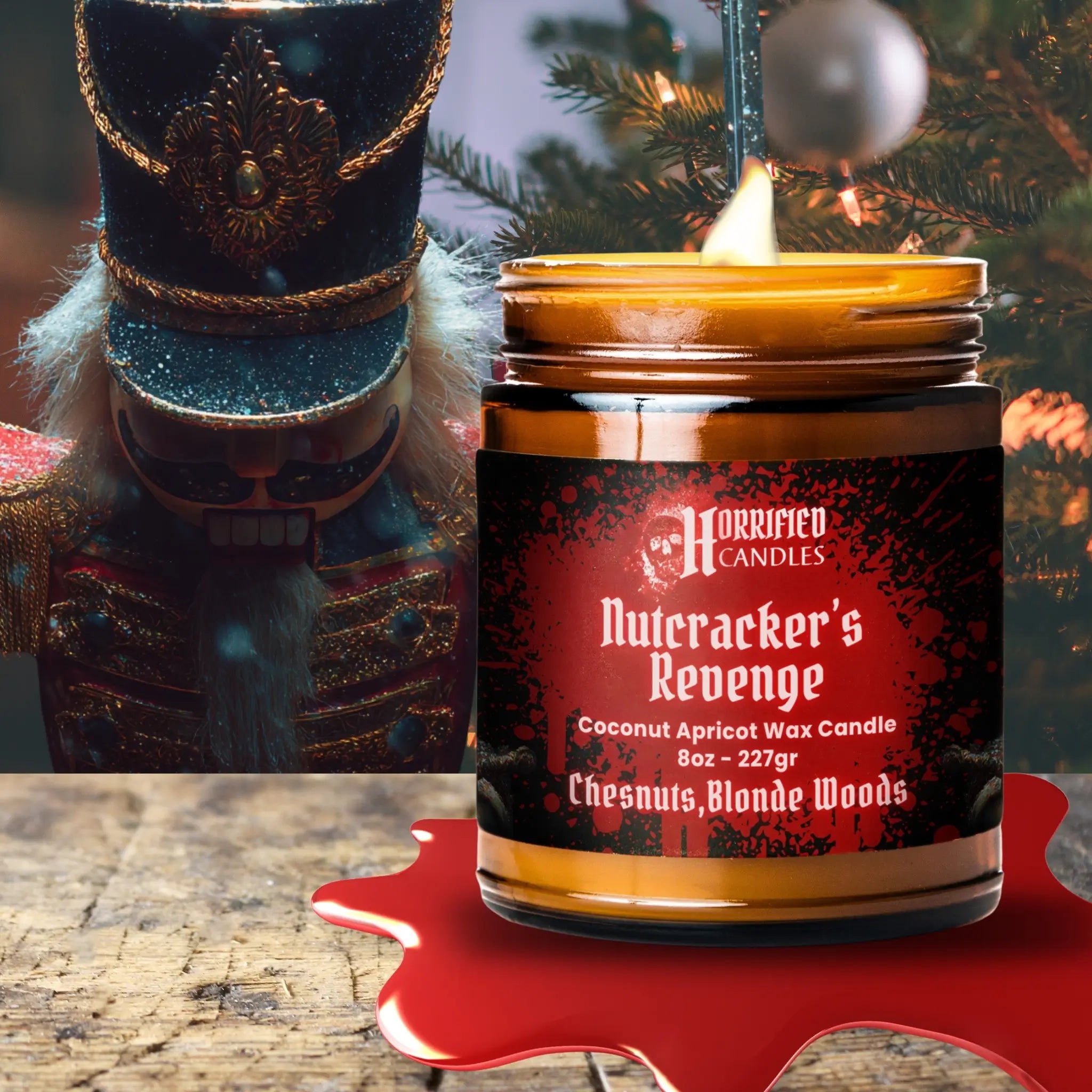 Candle with label and Nutcracker's Revenge description on a wooden surface.