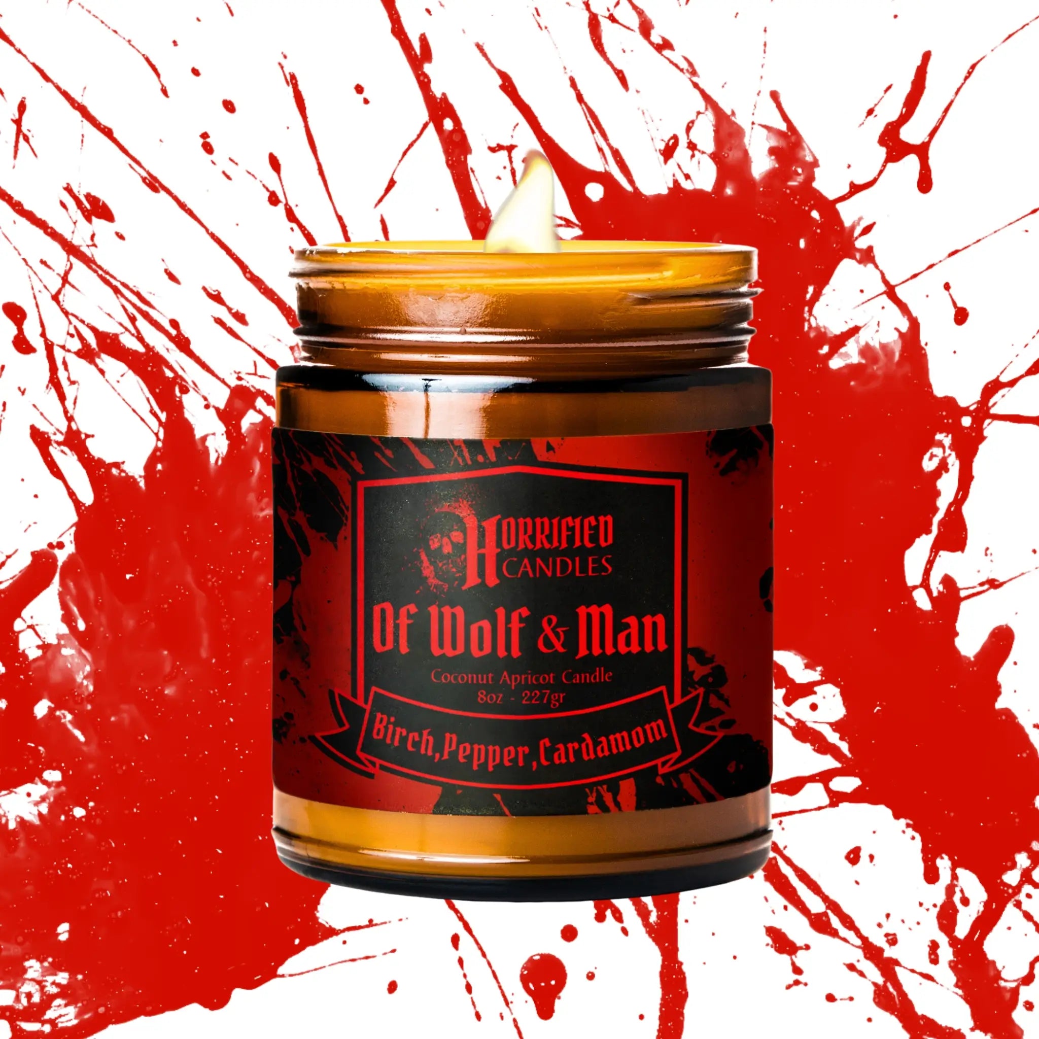 Candle jar with a red and black label on a red and white abstract background