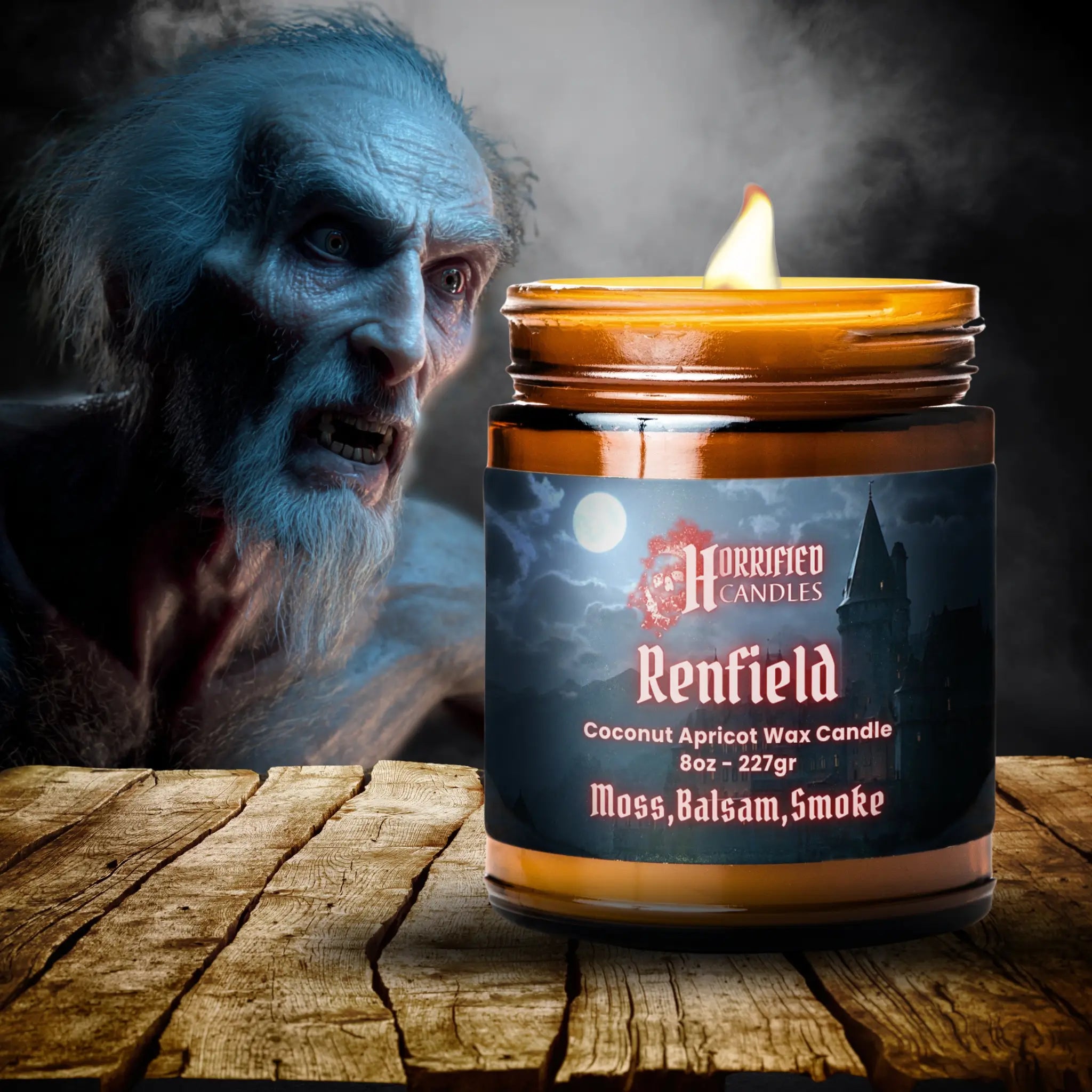 Candle labeled 'Renfield' with a dark background and a ghostly figure.