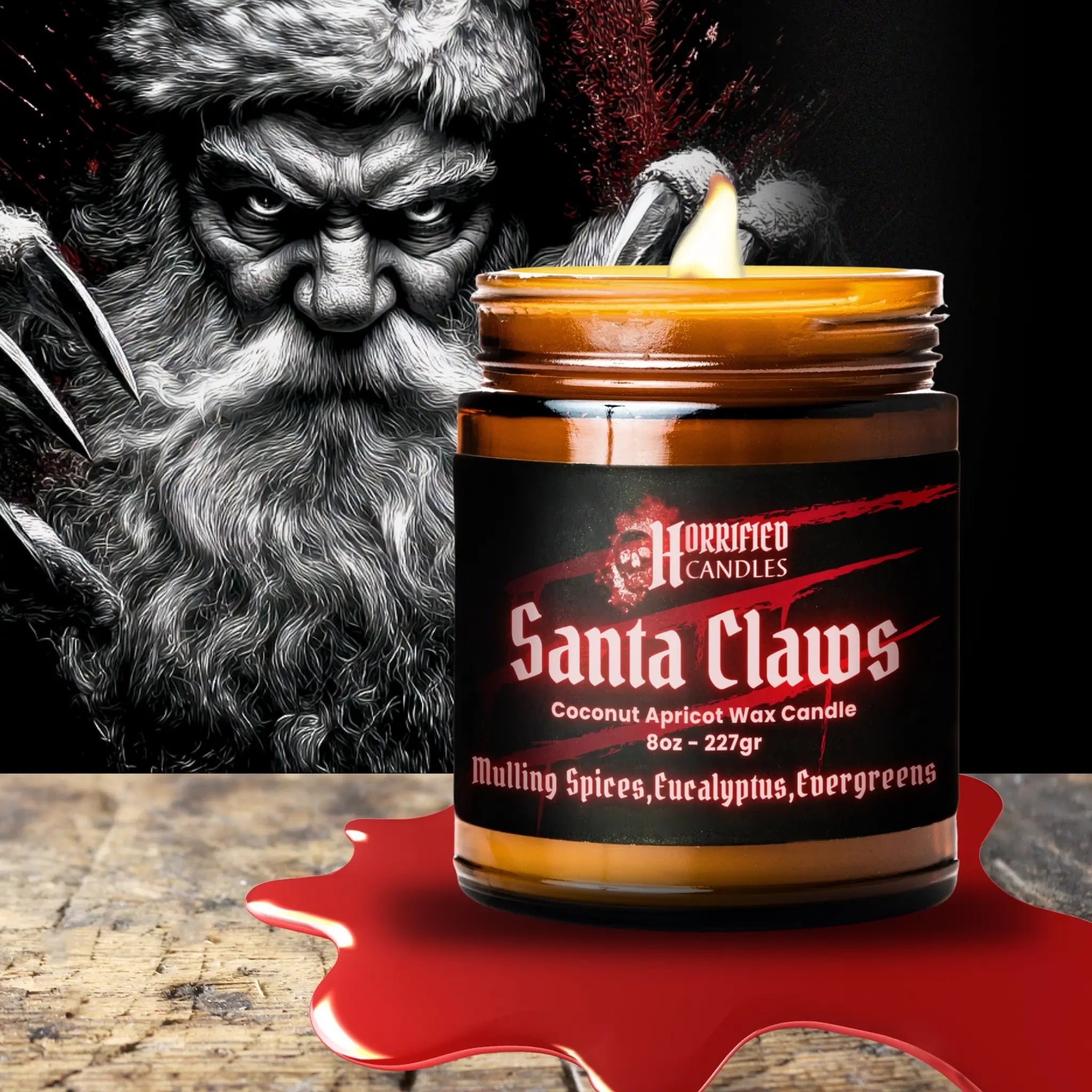 Jar of 'Santa Claws' candle with a dark background and a stylized Santa Claus illustration.