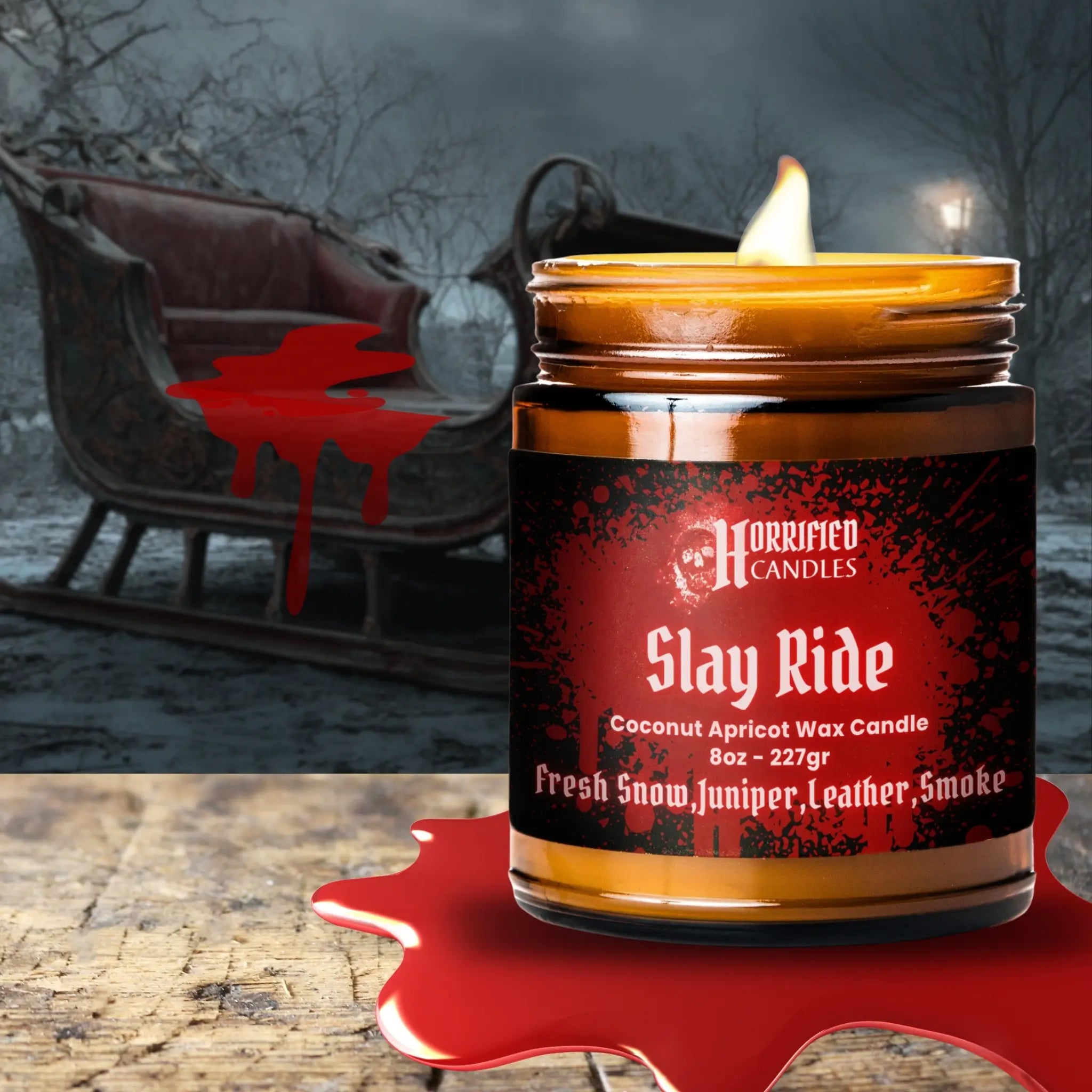 Candle labeled 'Slay Ride' from Horrified Candles with a dark, eerie background.