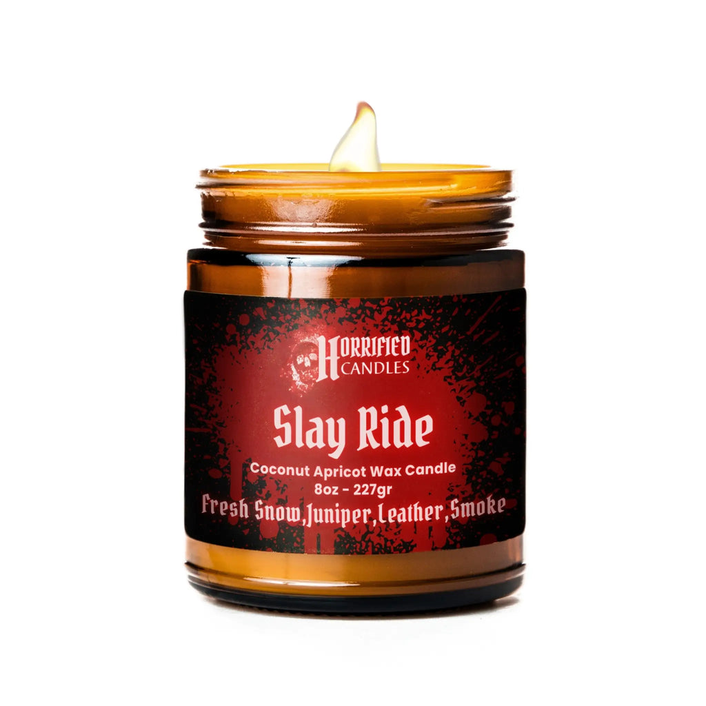 Candle in a glass jar with a red label on a white background