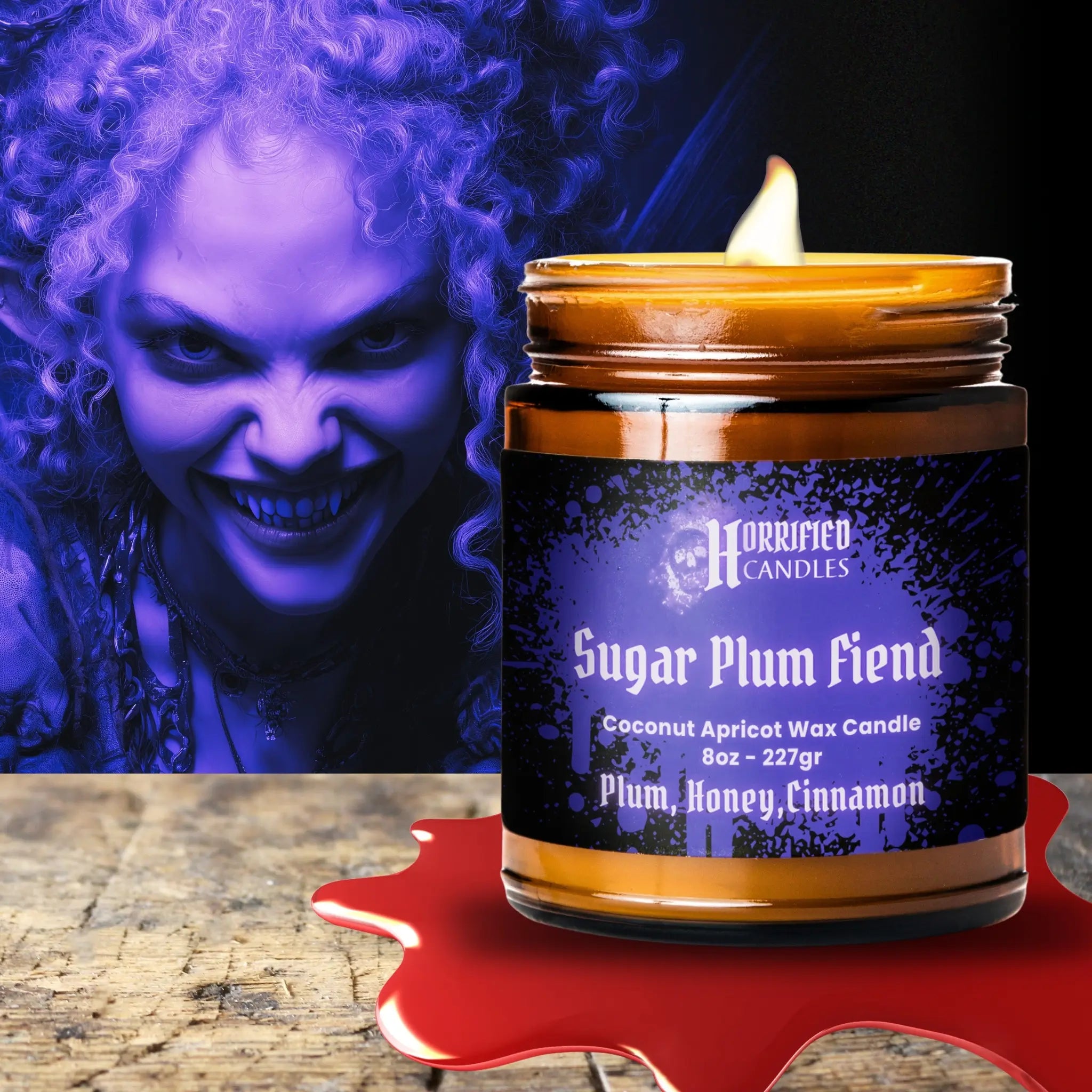 Candle labeled 'Sugar Plum Fiend' with a character in the background