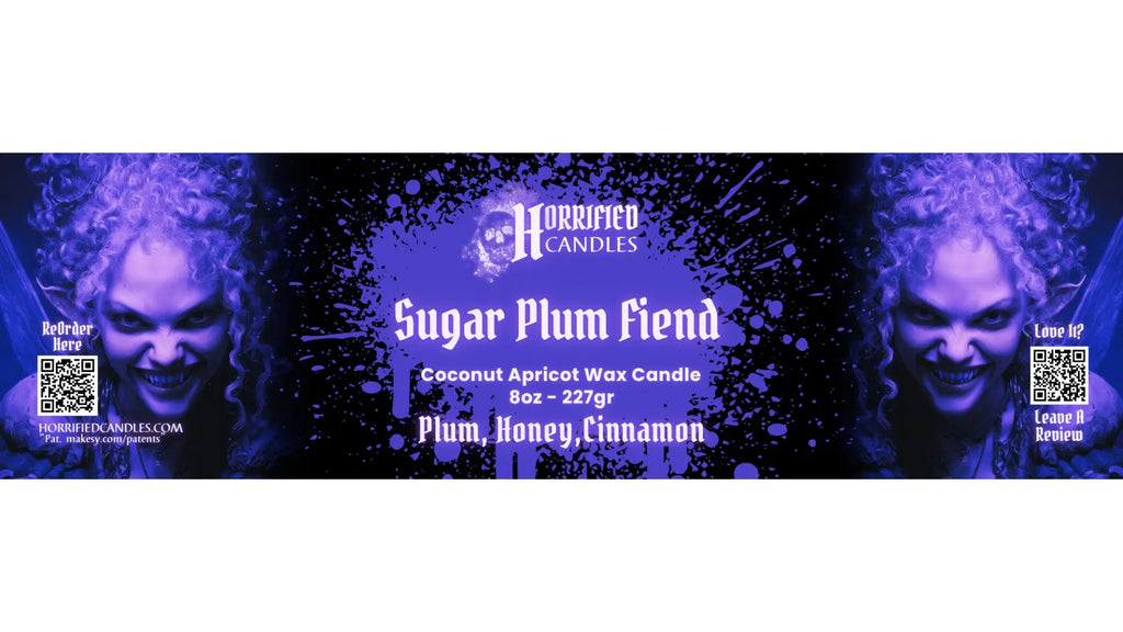 Candle packaging with 'Horrified Candles' branding and product details on a dark background.