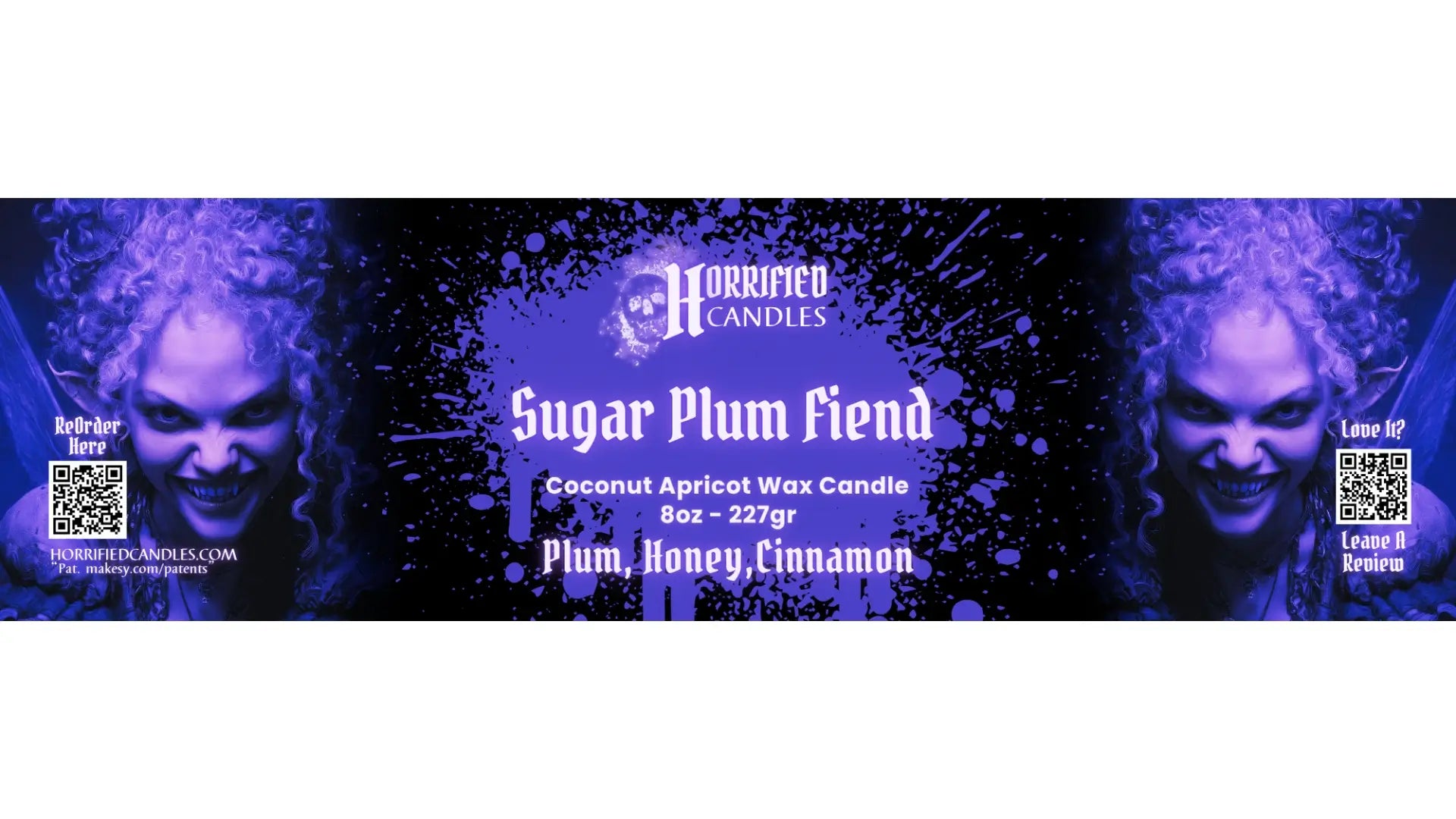 Candle packaging with 'Horrified Candles' branding and product details on a dark background.