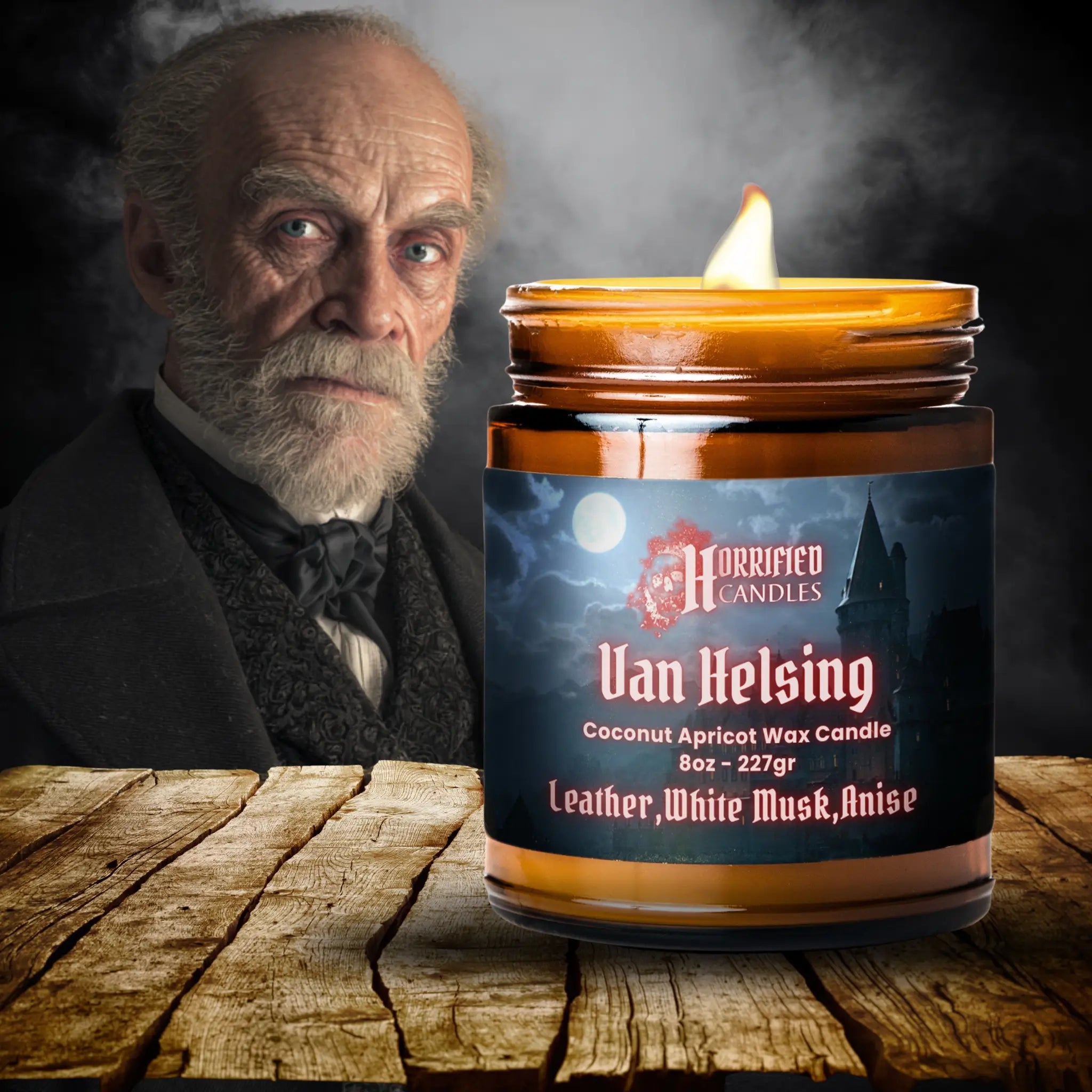 Candle labeled 'Van Helsing' on a wooden surface with a dark background